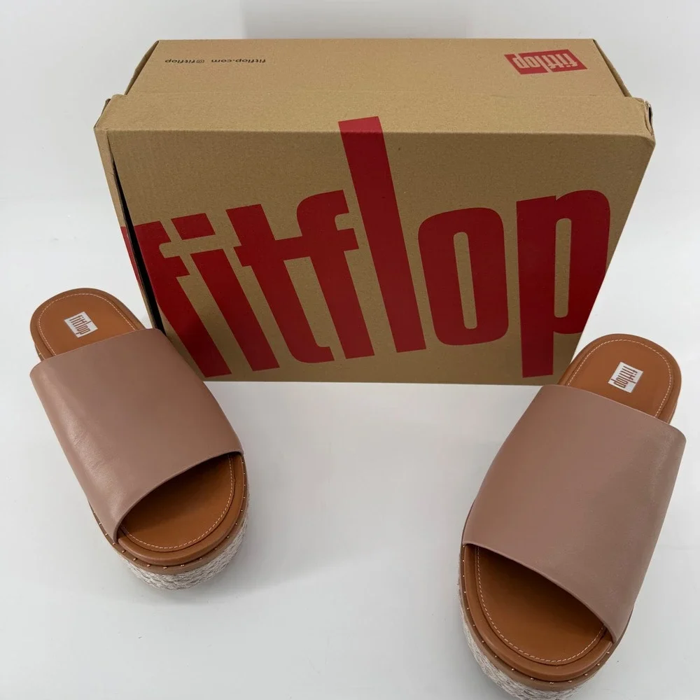 FitFlop Eloise Espadrille Wedge Beige Leather Slide Sandals AY9-137-070 Womens 9